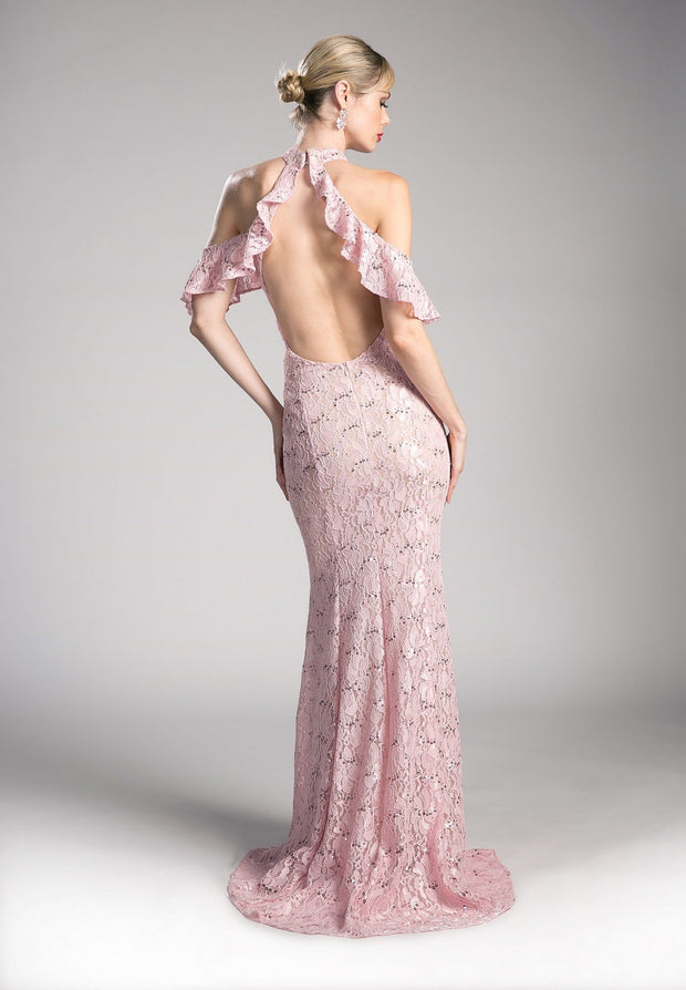Long Cold Shoulder Lace Dress by Cinderella Divine C0701-Long Formal Dresses-ABC Fashion