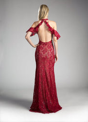 Long Cold Shoulder Lace Dress by Cinderella Divine C0701-Long Formal Dresses-ABC Fashion