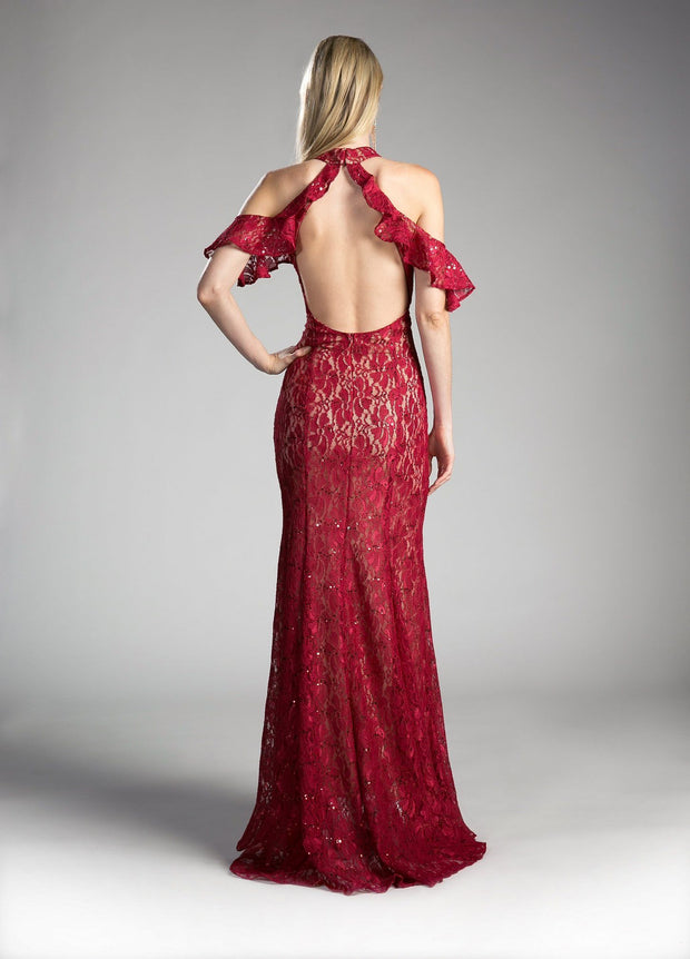 Long Cold Shoulder Lace Dress by Cinderella Divine C0701-Long Formal Dresses-ABC Fashion