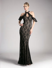 Long Cold Shoulder Lace Dress by Cinderella Divine C0701-Long Formal Dresses-ABC Fashion