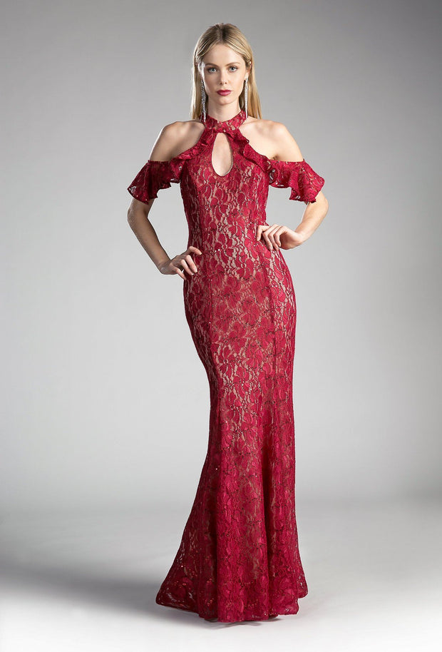 Long Cold Shoulder Lace Dress by Cinderella Divine C0701-Long Formal Dresses-ABC Fashion