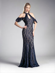 Long Cold Shoulder Lace Dress by Cinderella Divine C0701-Long Formal Dresses-ABC Fashion