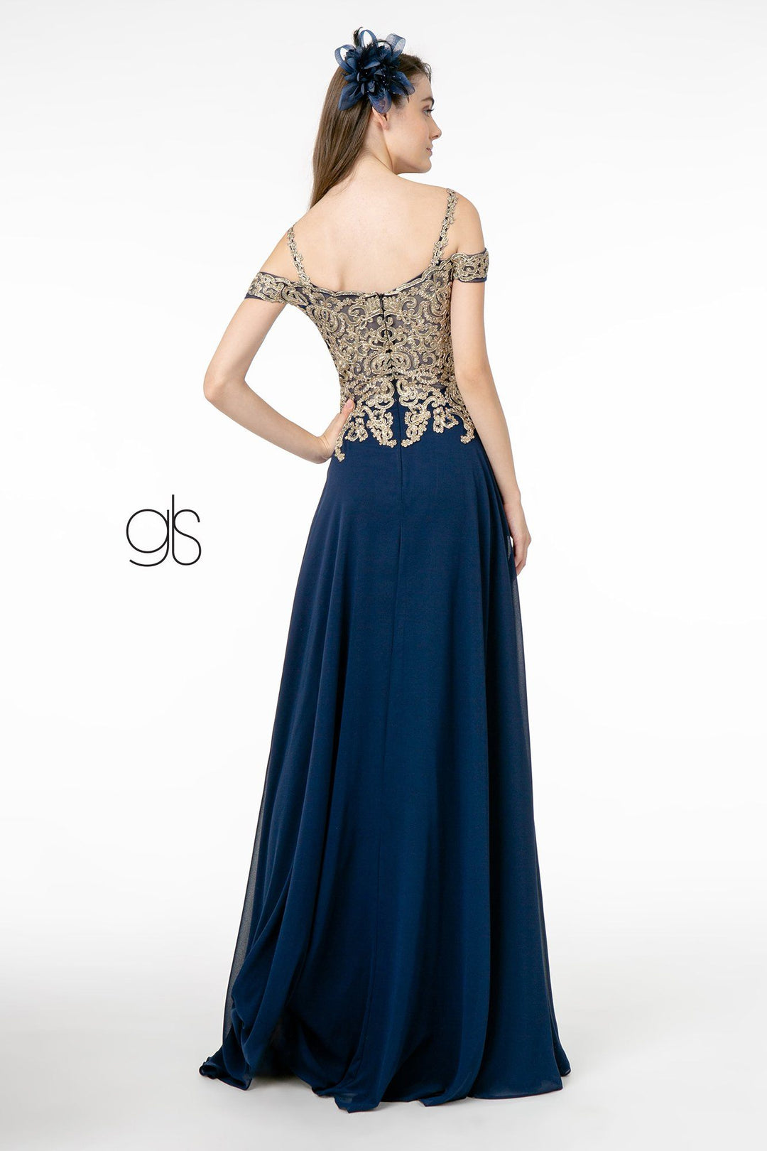 Long Cold Shoulder Dress with Gold Appliques by Elizabeth K GL2998