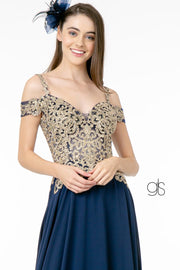 Long Cold Shoulder Dress with Gold Appliques by Elizabeth K GL2998