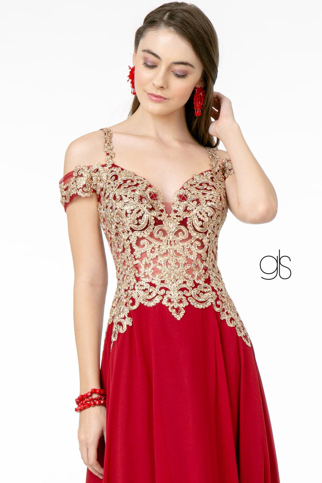 Long Cold Shoulder Dress with Gold Appliques by Elizabeth K GL2998