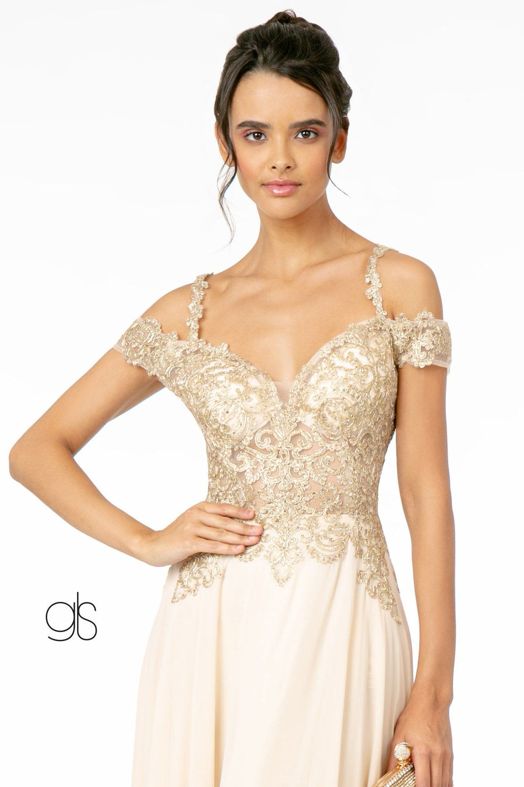 Long Cold Shoulder Dress with Gold Appliques by Elizabeth K GL2998