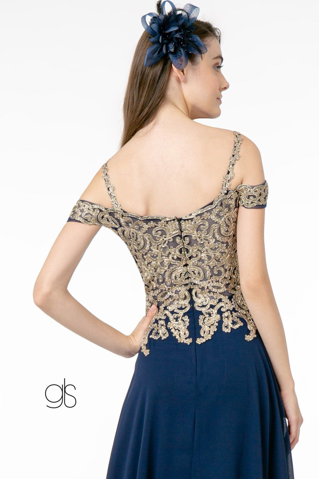 Long Cold Shoulder Dress with Gold Appliques by Elizabeth K GL2998