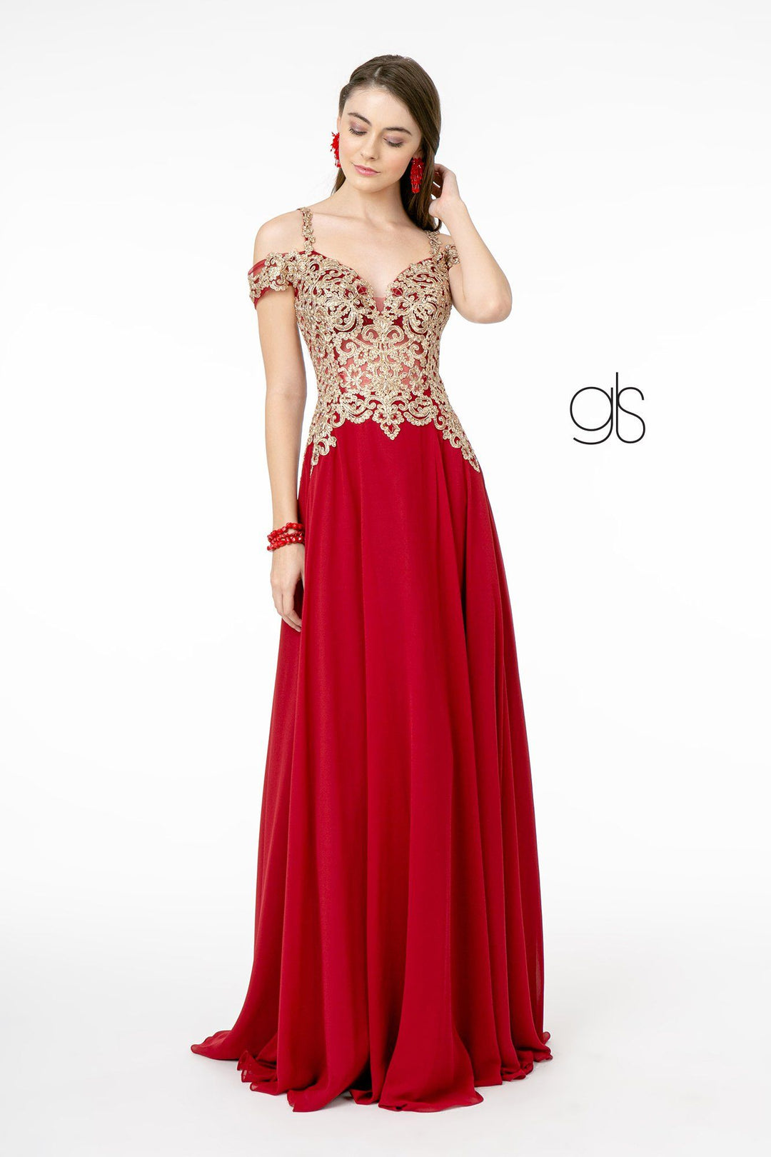 Long Cold Shoulder Dress with Gold Appliques by Elizabeth K GL2998