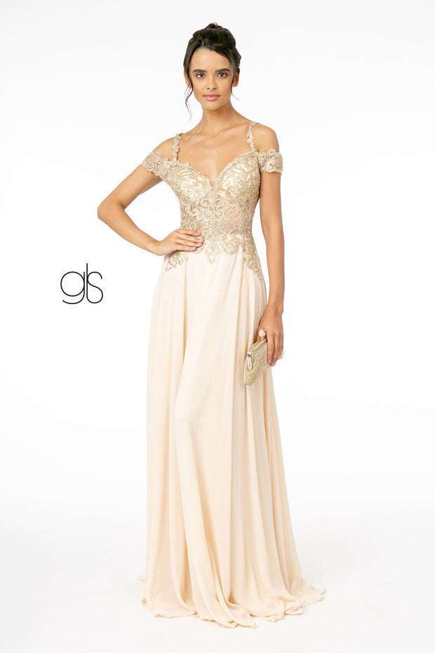 Long Cold Shoulder Dress with Gold Appliques by Elizabeth K GL2998