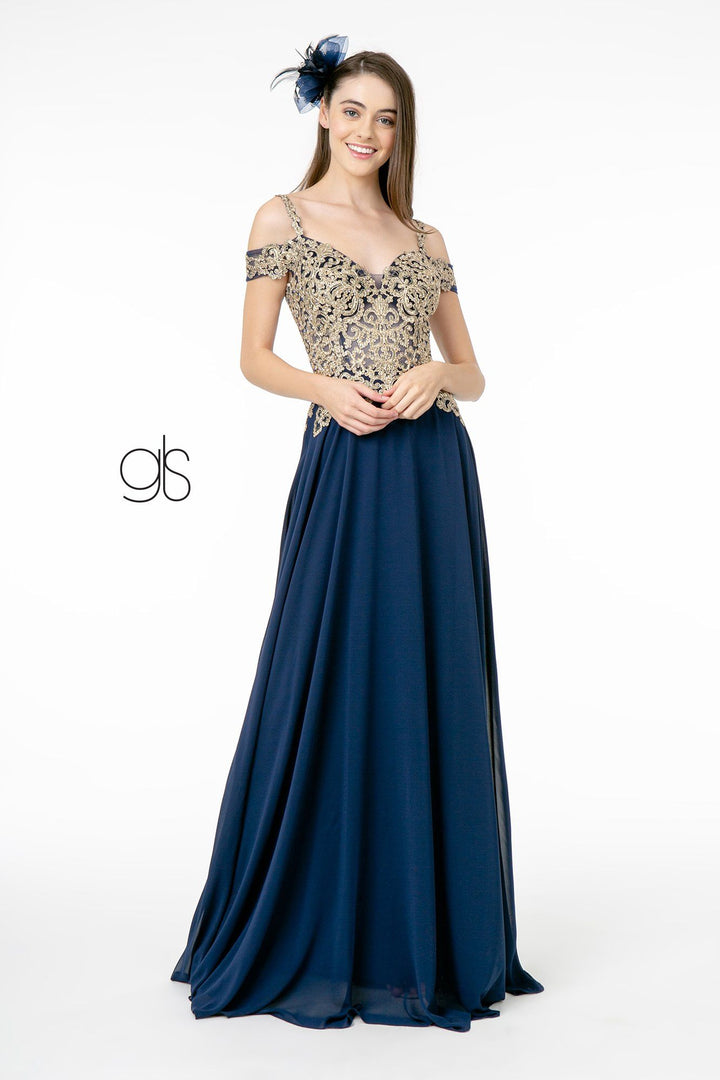 Long Cold Shoulder Dress with Gold Appliques by Elizabeth K GL2998