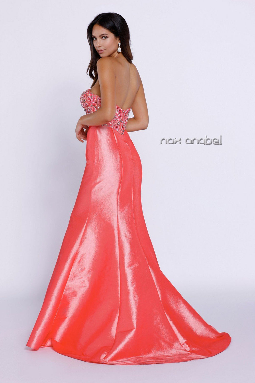Long Coral Strapless Dress with Beaded Design by Nox Anabel 8244-Long Formal Dresses-ABC Fashion