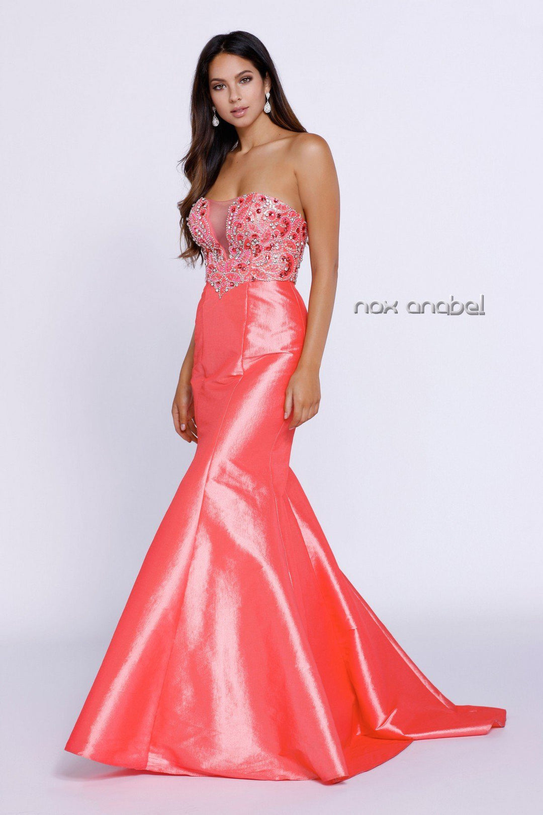 Long Coral Strapless Dress with Beaded Design by Nox Anabel 8244-Long Formal Dresses-ABC Fashion