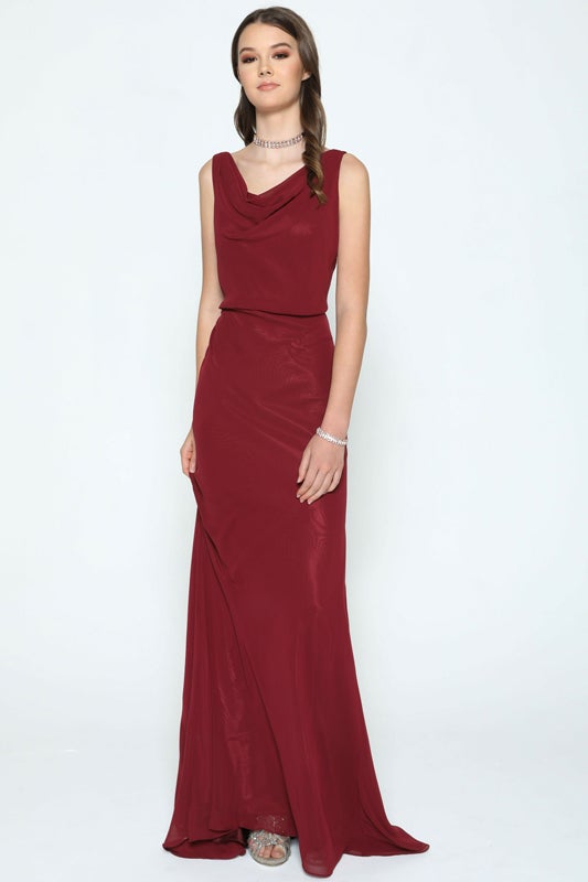 Long Cowl Neck Chiffon Dress by Juliet 670