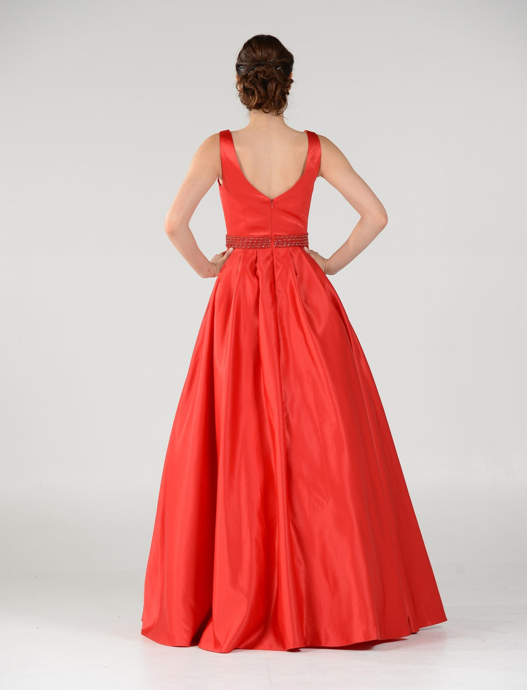 Long Deep V-Neck Dress with Beaded Waist by Poly USA 7932-Long Formal Dresses-ABC Fashion