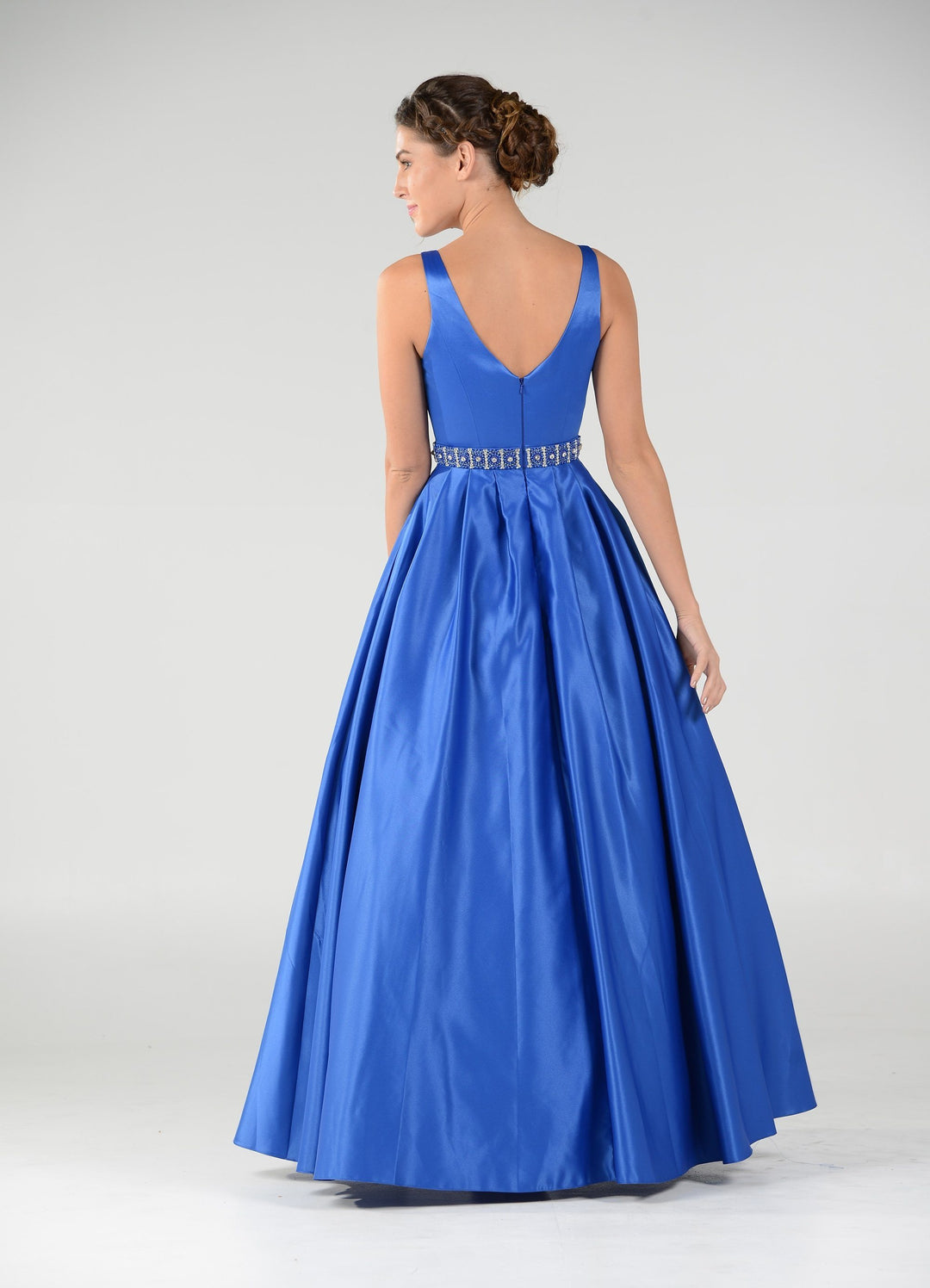 Long Deep V-Neck Dress with Beaded Waist by Poly USA 7932-Long Formal Dresses-ABC Fashion