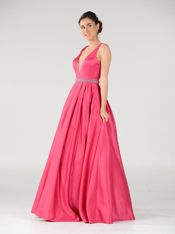 Long Deep V-Neck Dress with Beaded Waist by Poly USA 7932-Long Formal Dresses-ABC Fashion
