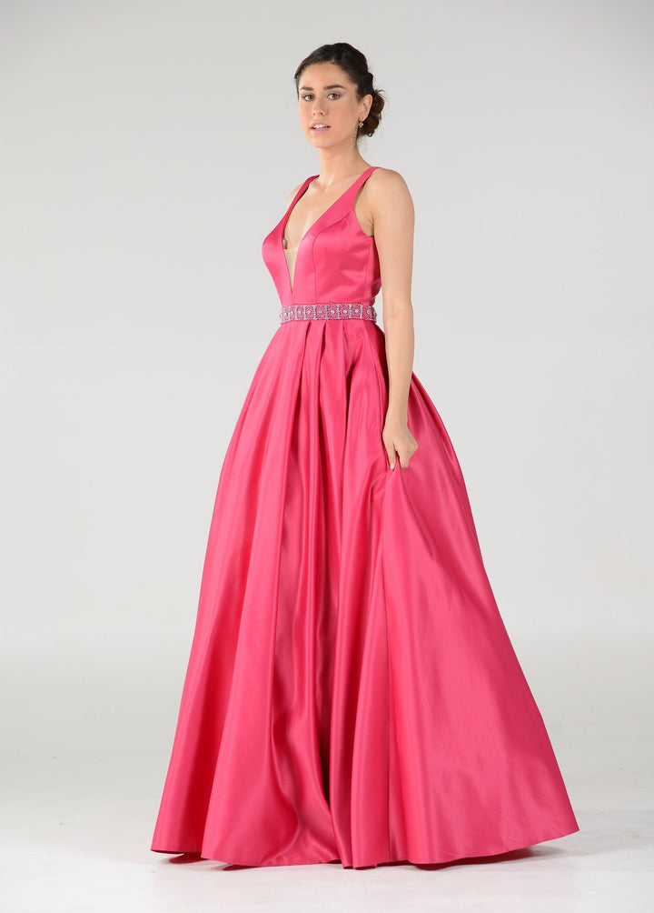 Long Deep V-Neck Dress with Beaded Waist by Poly USA 7932-Long Formal Dresses-ABC Fashion