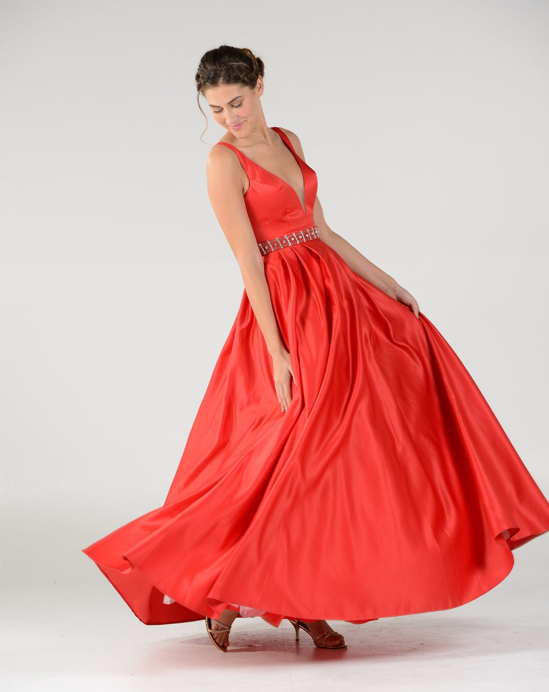 Long Deep V-Neck Dress with Beaded Waist by Poly USA 7932-Long Formal Dresses-ABC Fashion