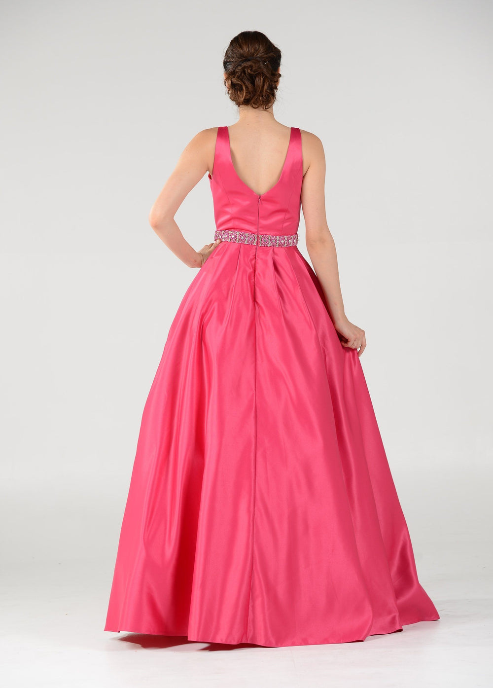 Long Deep V-Neck Dress with Beaded Waist by Poly USA 7932-Long Formal Dresses-ABC Fashion
