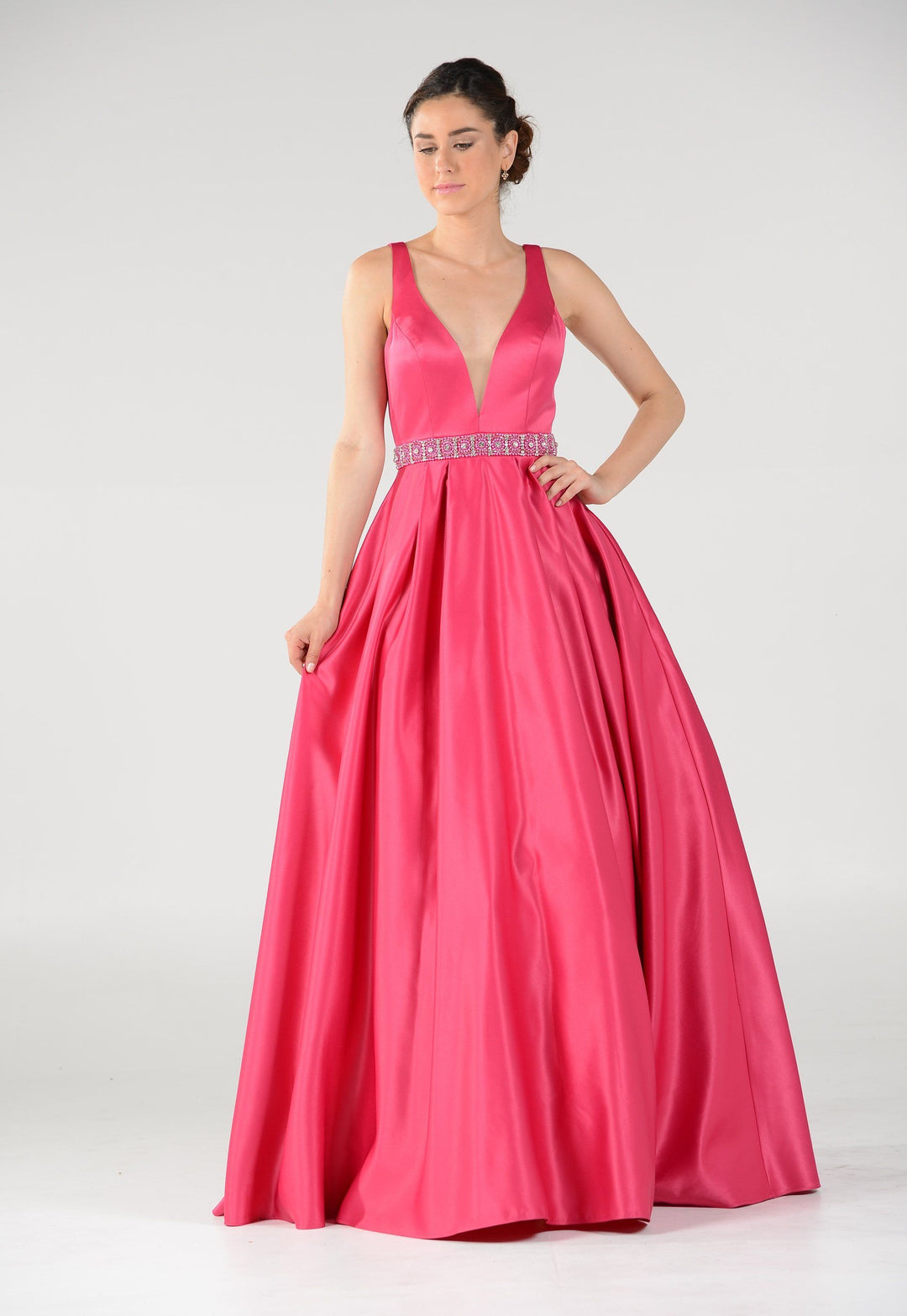 Long Deep V-Neck Dress with Beaded Waist by Poly USA 7932-Long Formal Dresses-ABC Fashion