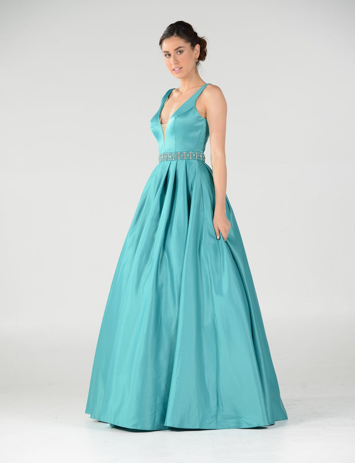 Long Deep V-Neck Dress with Beaded Waist by Poly USA 7932-Long Formal Dresses-ABC Fashion