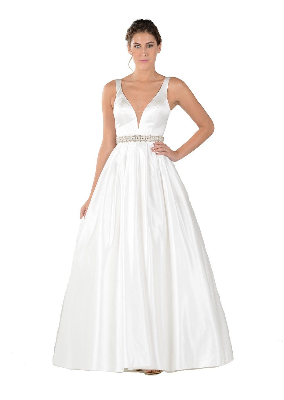 Long Deep V-Neck Dress with Beaded Waist by Poly USA 7932-Long Formal Dresses-ABC Fashion