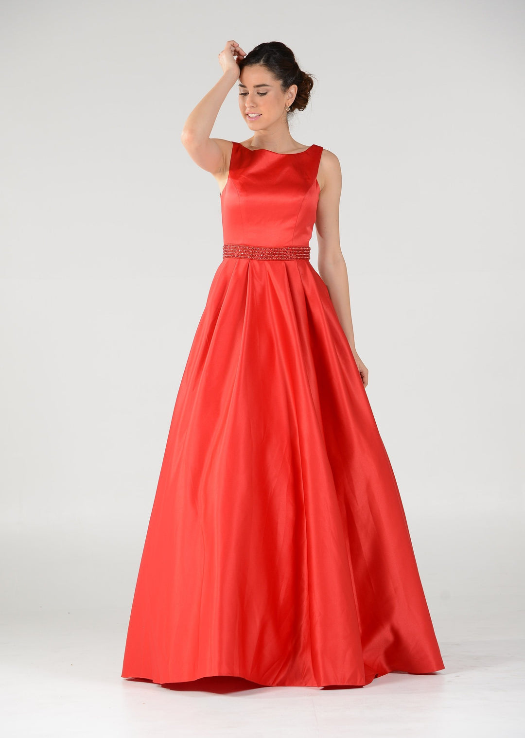 Long Deep V-Neck Dress with Beaded Waist by Poly USA 7932-Long Formal Dresses-ABC Fashion