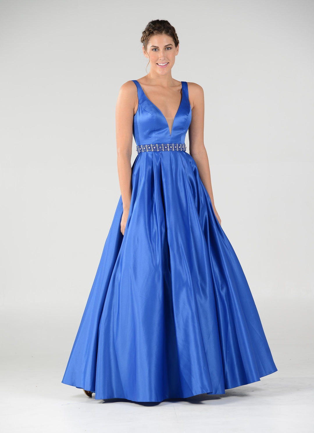 Long Deep V-Neck Dress with Beaded Waist by Poly USA 7932-Long Formal Dresses-ABC Fashion