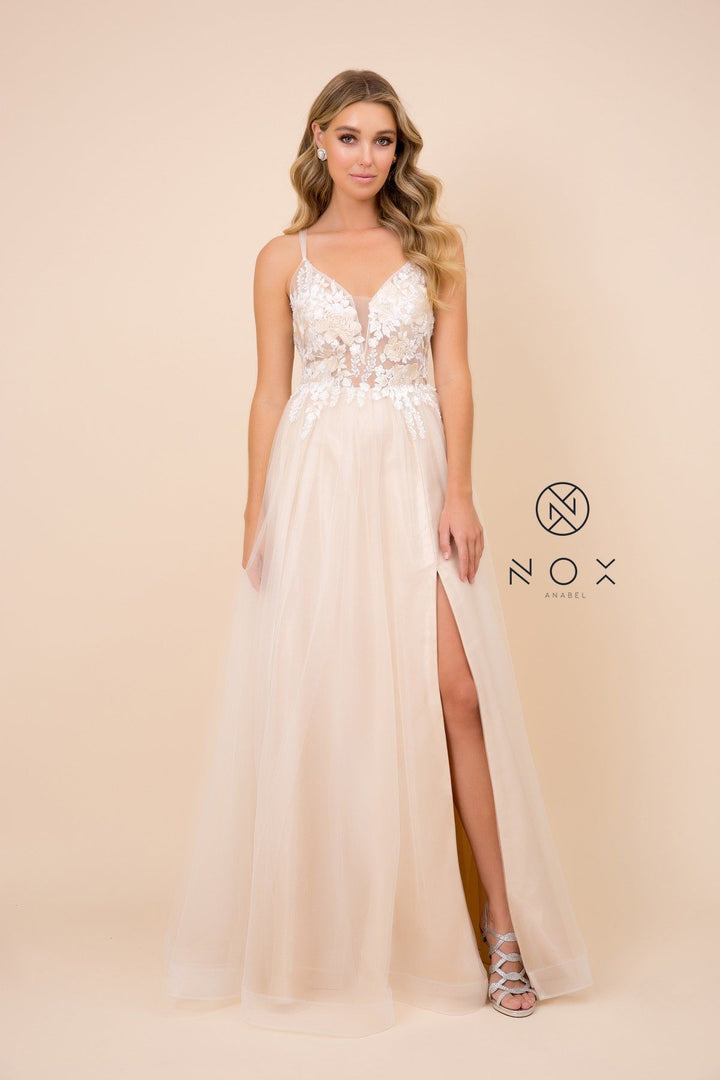 Long Deep V-Neck Dress with Strappy Back by Nox Anabel E372