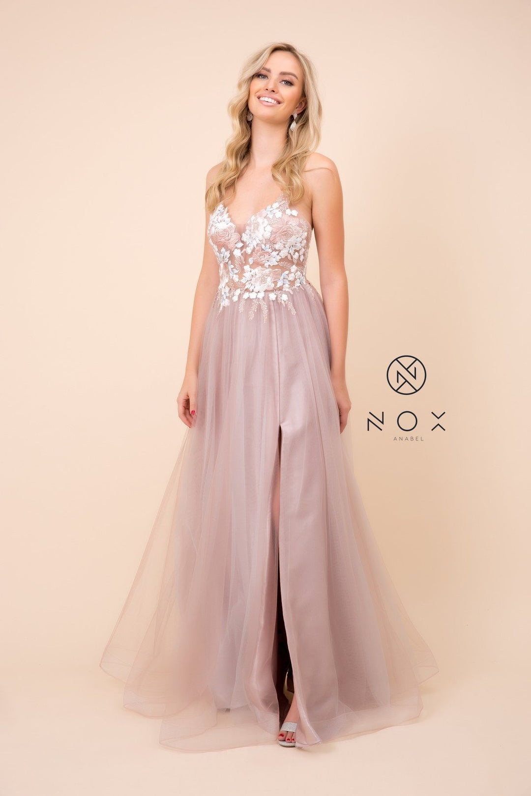 Long Deep V-Neck Dress with Strappy Back by Nox Anabel E372