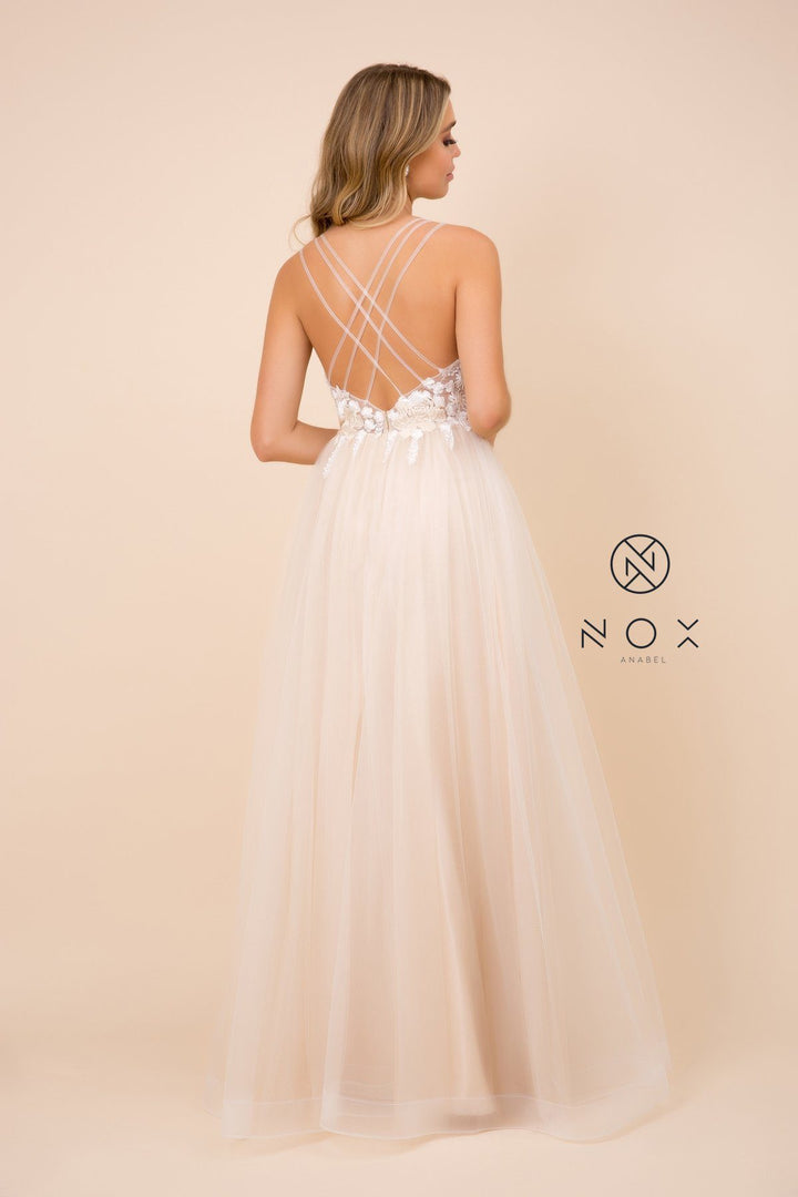 Long Deep V-Neck Dress with Strappy Back by Nox Anabel E372