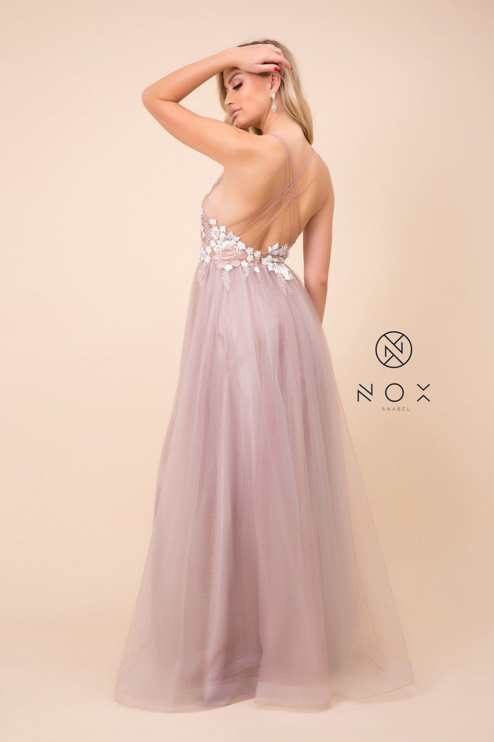 Long Deep V-Neck Dress with Strappy Back by Nox Anabel E372
