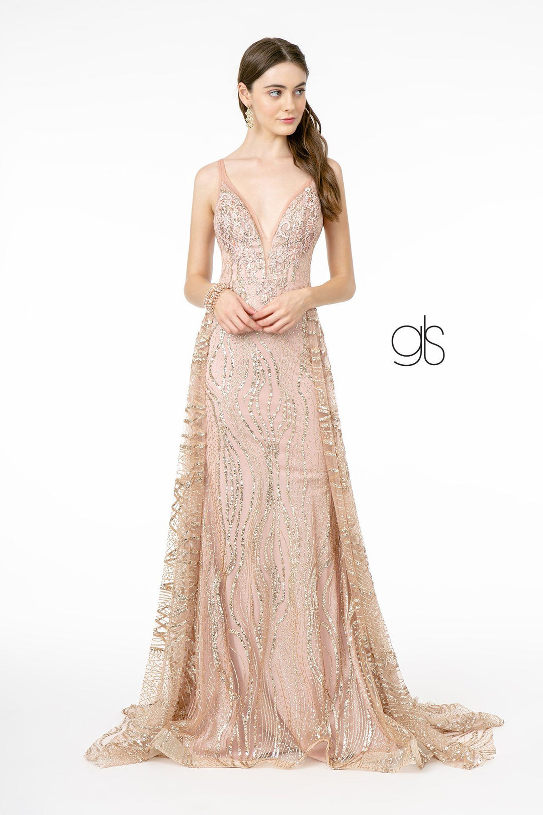 Long Deep V-Neck Glitter Dress by Elizabeth K GL2955