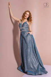 Long Deep V-Neck Glitter Dress with Pockets by Elizabeth K GL2506-Long Formal Dresses-ABC Fashion
