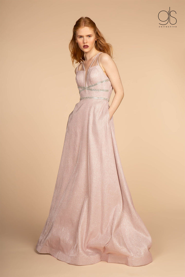 Long Deep V-Neck Glitter Dress with Pockets by Elizabeth K GL2506-Long Formal Dresses-ABC Fashion