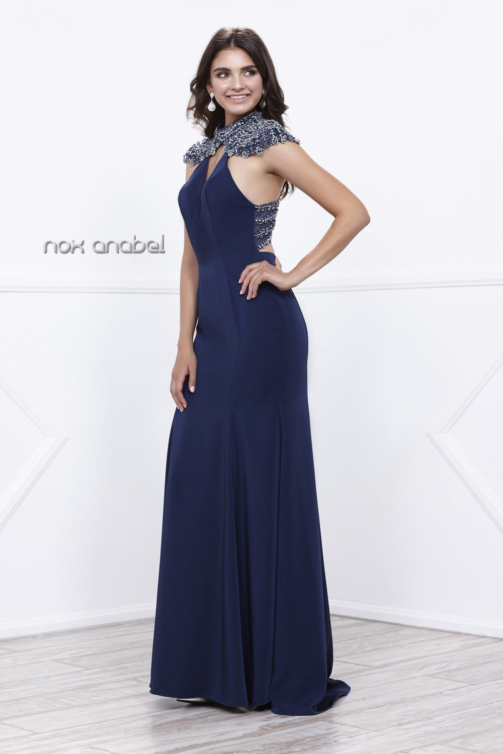 Long Dress with Sheer Embellished Back by Nox Anabel 8293-Long Formal Dresses-ABC Fashion