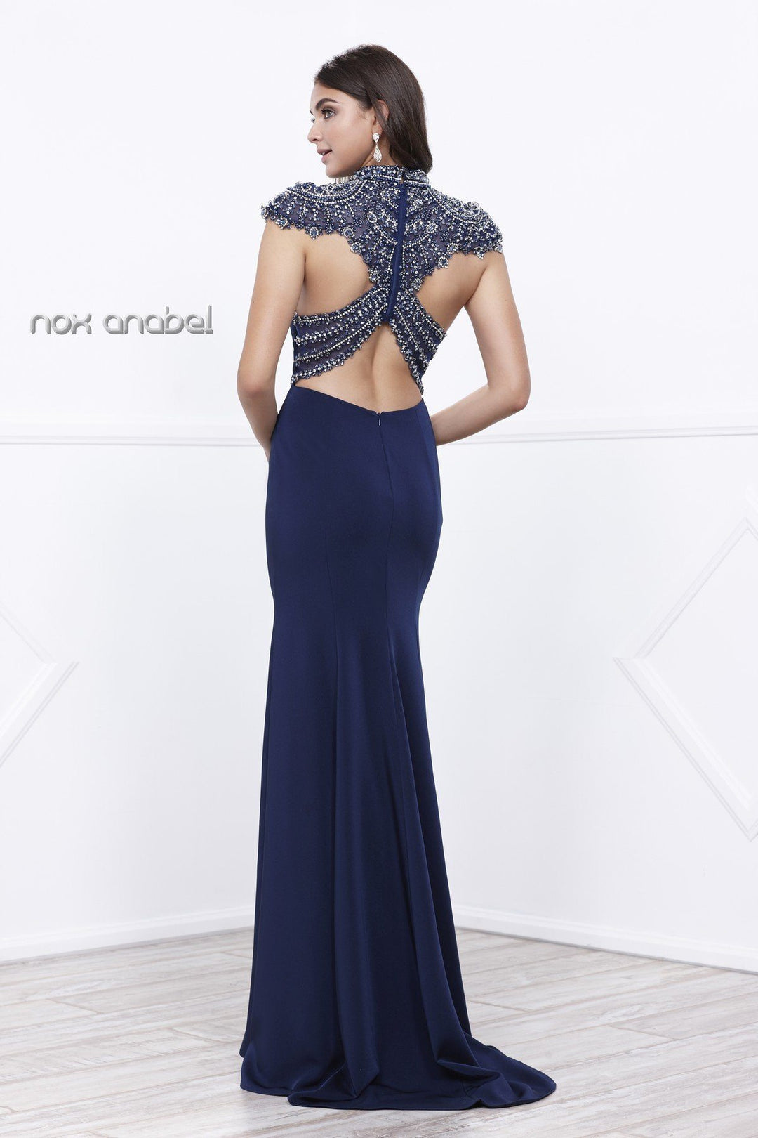 Long Dress with Sheer Embellished Back by Nox Anabel 8293-Long Formal Dresses-ABC Fashion