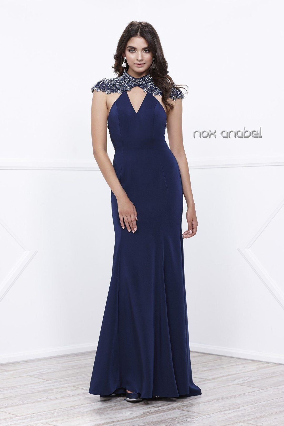 Long Dress with Sheer Embellished Back by Nox Anabel 8293-Long Formal Dresses-ABC Fashion