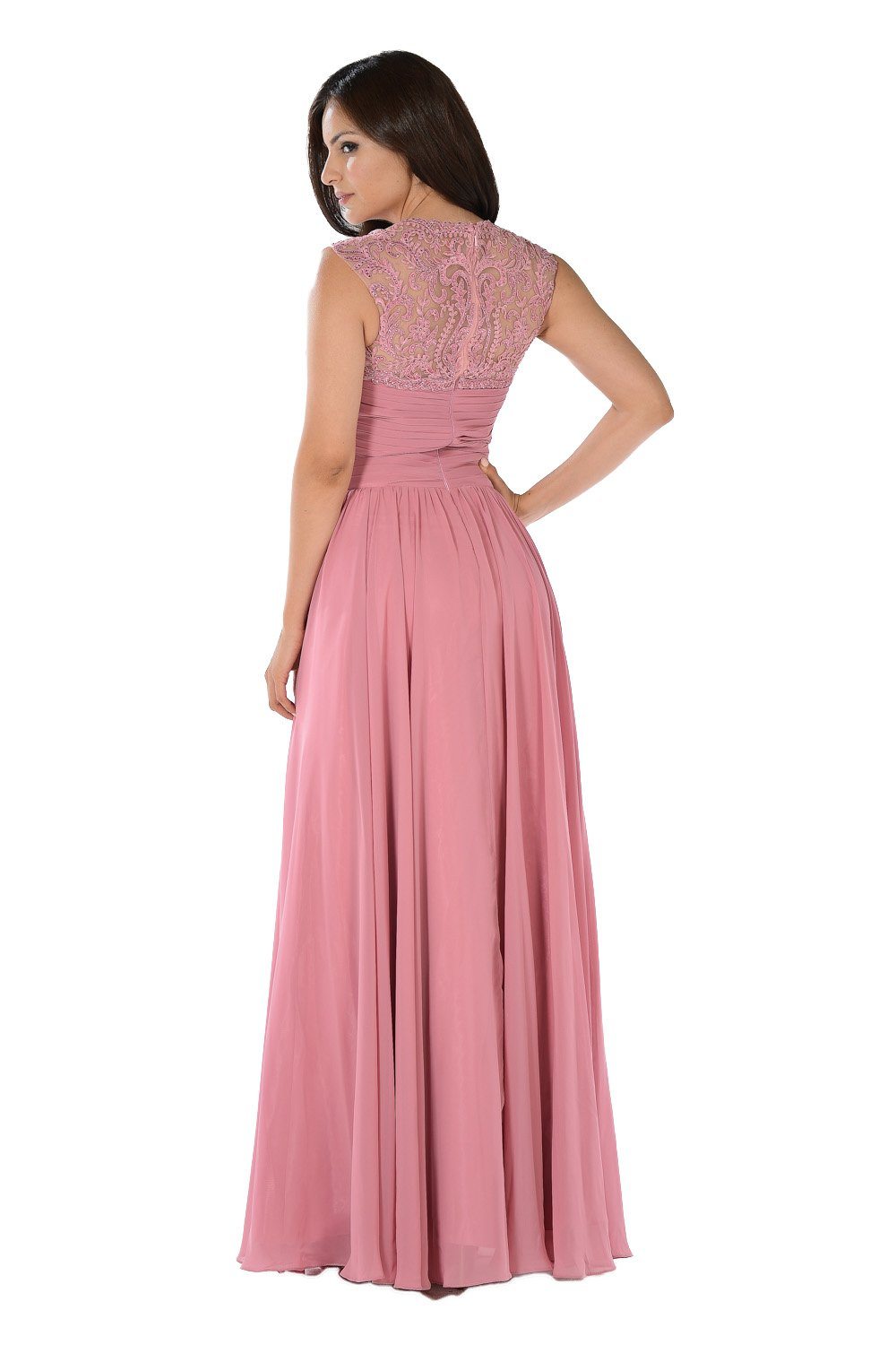 Long Dusty Rose Dress with Pleated V-Neck Bodice by Poly USA-Long Formal Dresses-ABC Fashion