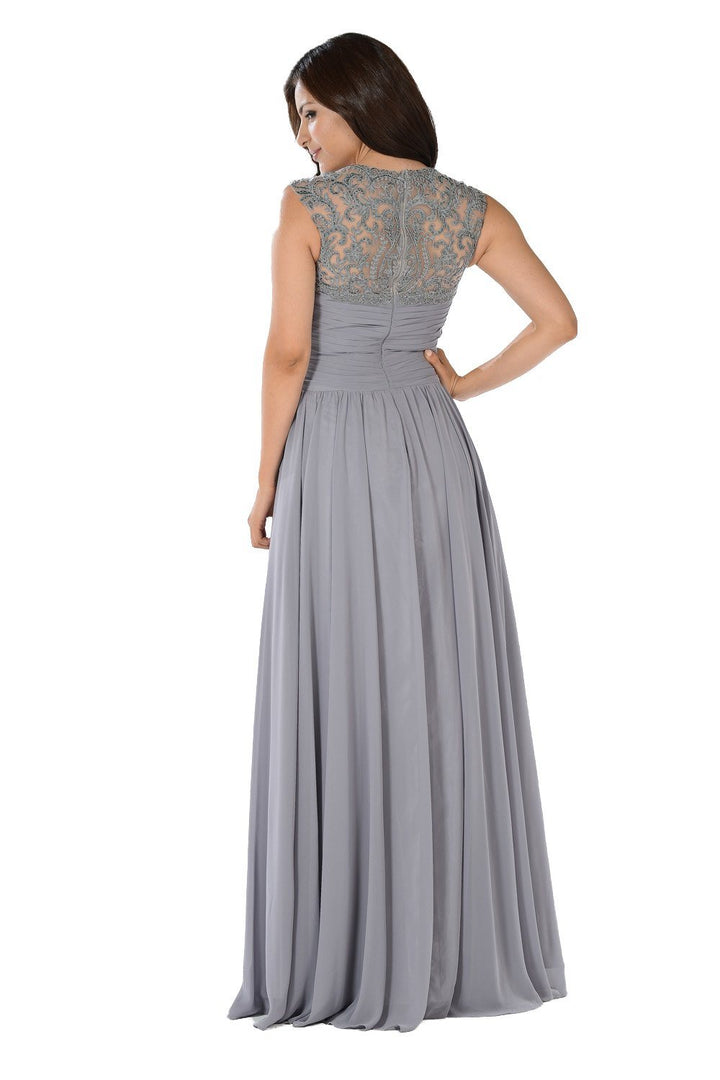 Long Dusty Rose Dress with Pleated V-Neck Bodice by Poly USA-Long Formal Dresses-ABC Fashion