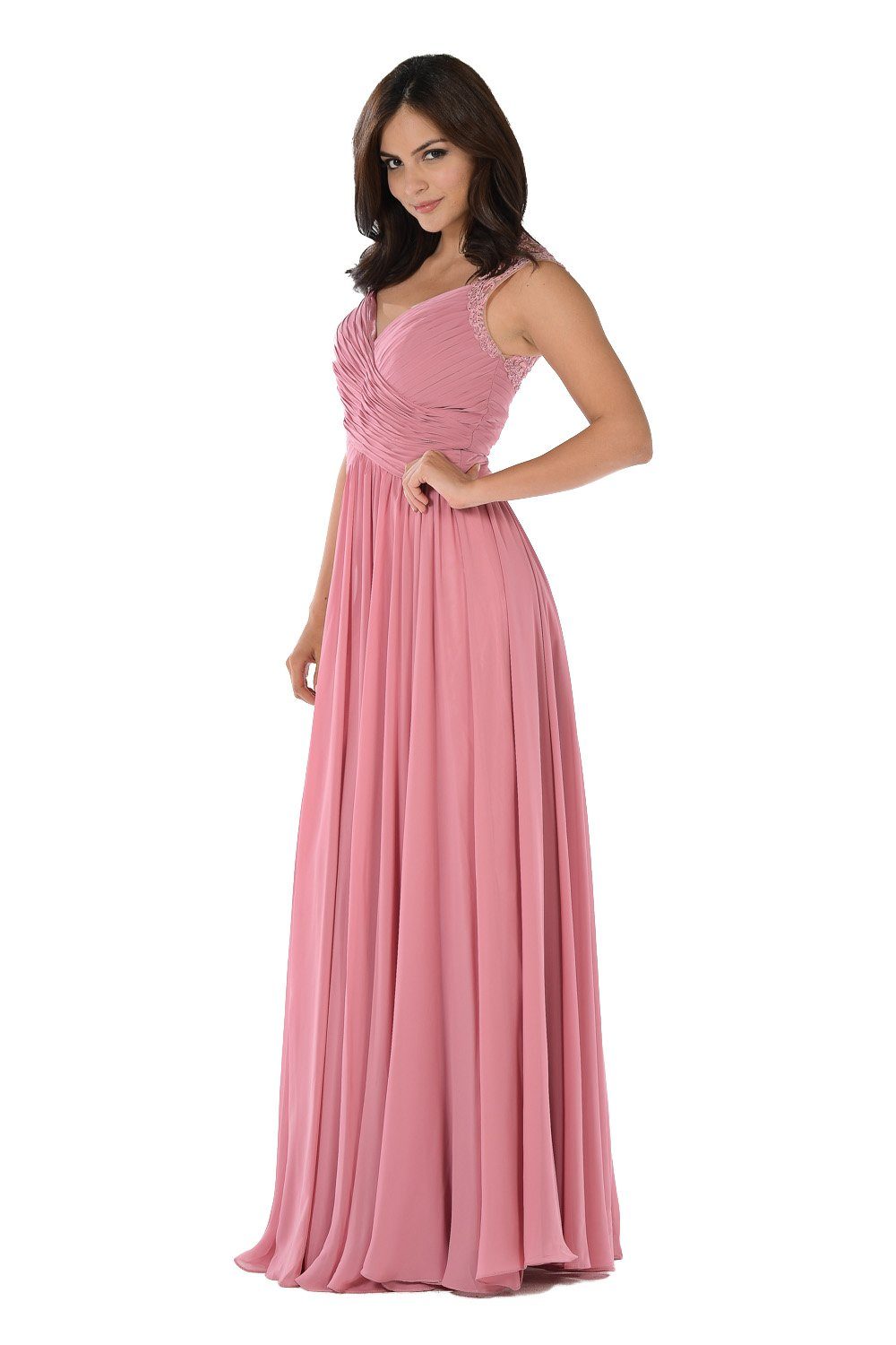 Long Dusty Rose Dress with Pleated V-Neck Bodice by Poly USA-Long Formal Dresses-ABC Fashion