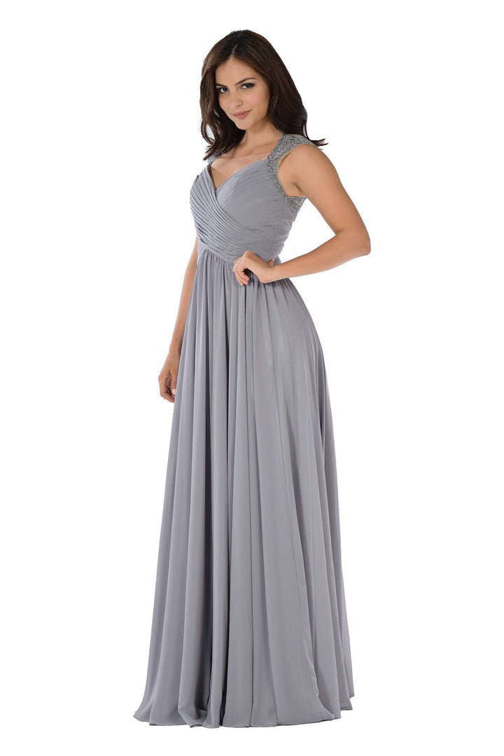 Long Dusty Rose Dress with Pleated V-Neck Bodice by Poly USA-Long Formal Dresses-ABC Fashion