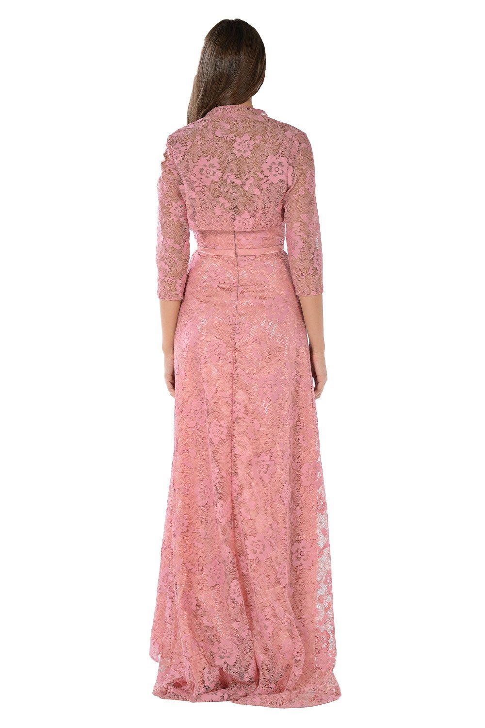 Long Dusty Rose Lace Dress with Bolero Jacket by Poly USA-Long Formal Dresses-ABC Fashion
