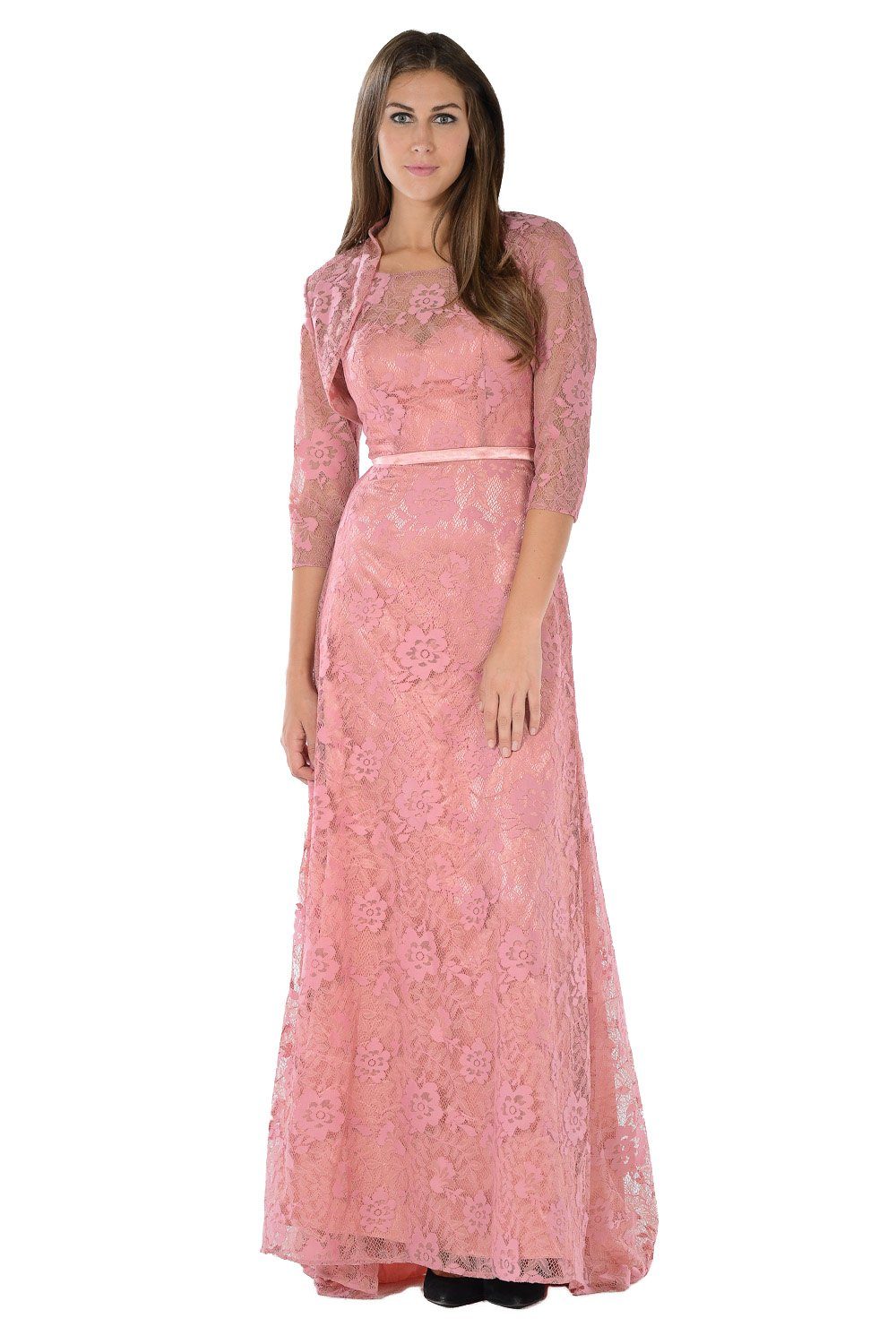 Long Dusty Rose Lace Dress with Bolero Jacket by Poly USA-Long Formal Dresses-ABC Fashion