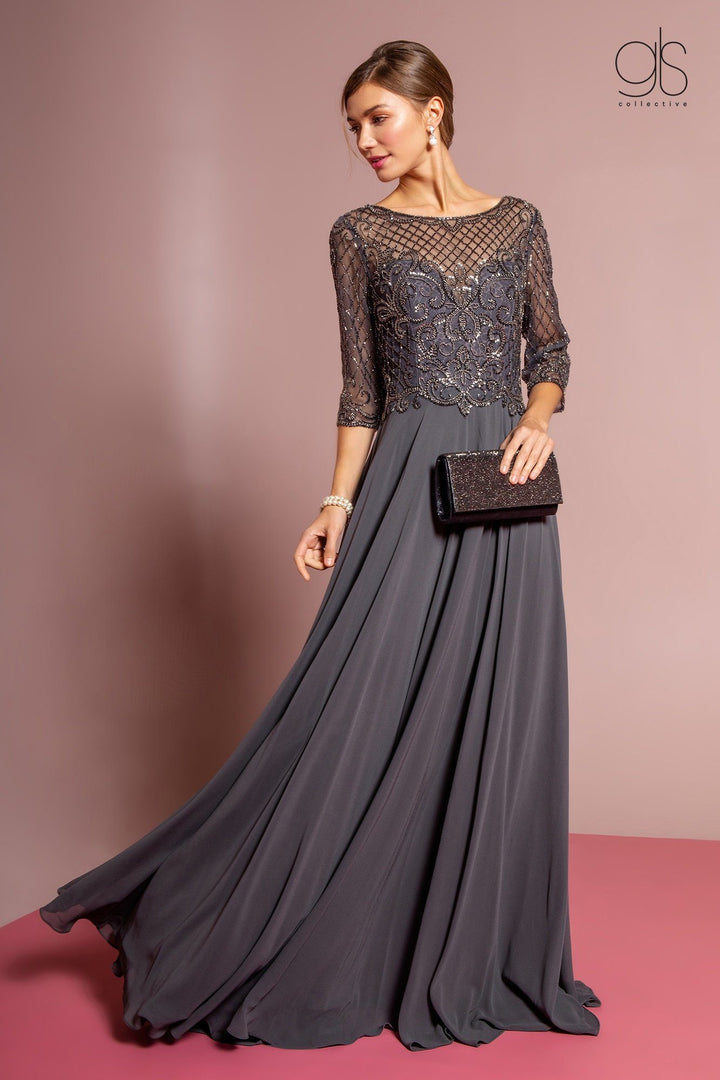 Long Embellished Bodice Dress with Mid Sleeves by GLS Gloria GL2686-Long Formal Dresses-ABC Fashion