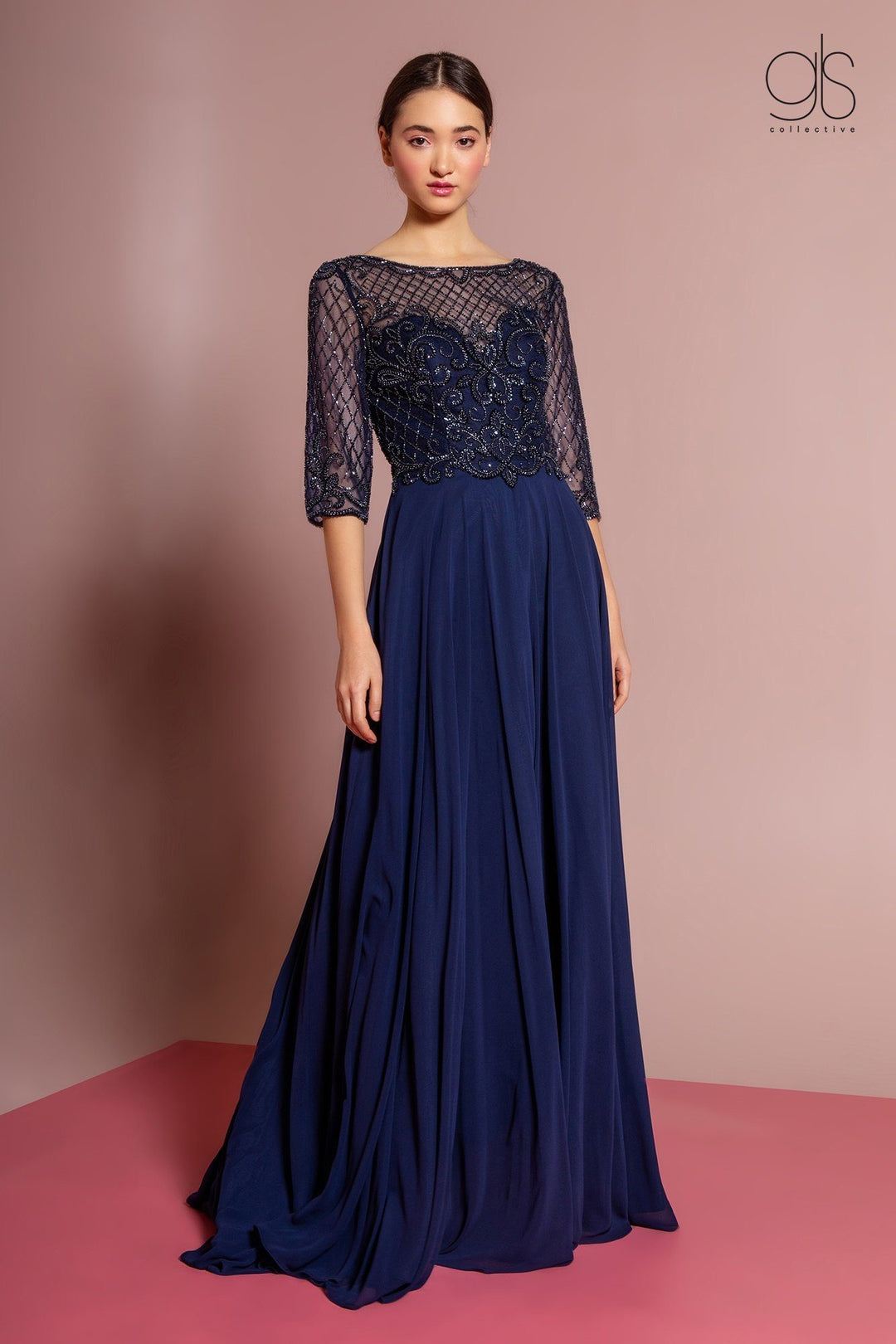 Long Embellished Bodice Dress with Mid Sleeves by GLS Gloria GL2686-Long Formal Dresses-ABC Fashion