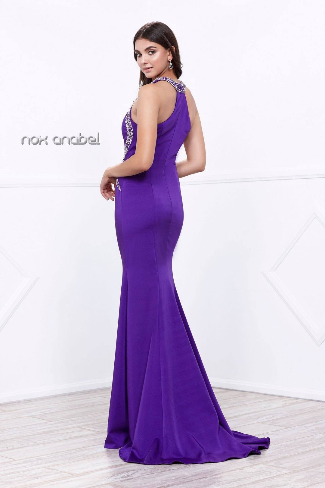Long Embellished Cutout Halter Gown by Nox Anabel 8294-Long Formal Dresses-ABC Fashion