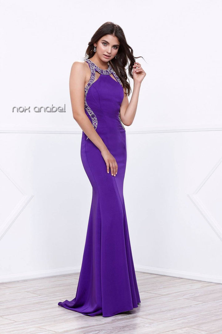 Long Embellished Cutout Halter Gown by Nox Anabel 8294-Long Formal Dresses-ABC Fashion