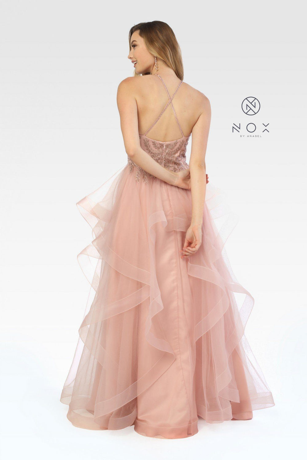 Long Embellished Halter Dress with Ruffled Skirt by Nox Anabel S266-Long Formal Dresses-ABC Fashion