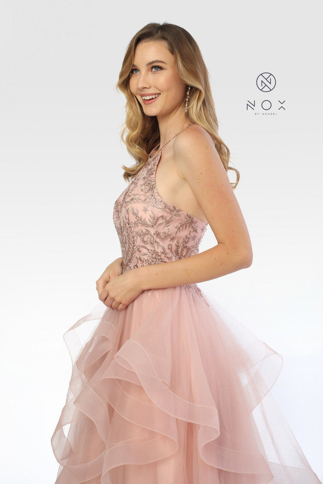 Long Embellished Halter Dress with Ruffled Skirt by Nox Anabel S266-Long Formal Dresses-ABC Fashion